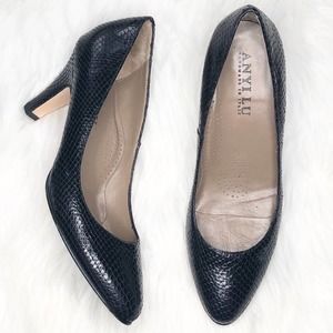 Women's Anyi Lu black leather snakeskin pumps career office heels 9.5